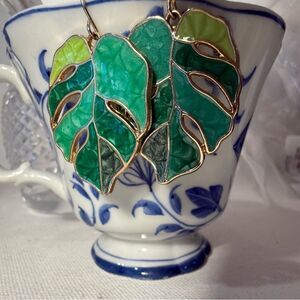 Gold chartreuse Green enamel monstera Leaf Earrings